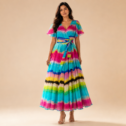 Turquoise & Hot Pink Wavy Brushstroke Stripes Print Fabric — design 1292GJ-RBPF/DS-86, Clothwala