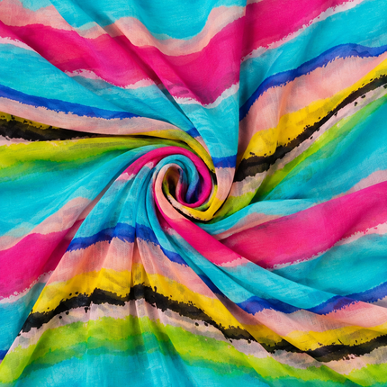Turquoise & Hot Pink Wavy Brushstroke Stripes Print Fabric — design 1292GJ-RBPF/DS-86, Clothwala