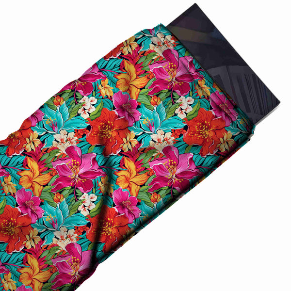 Turquoise & Red Lilies & Cream Blossoms Printed Pure Natural Crepe Fabric