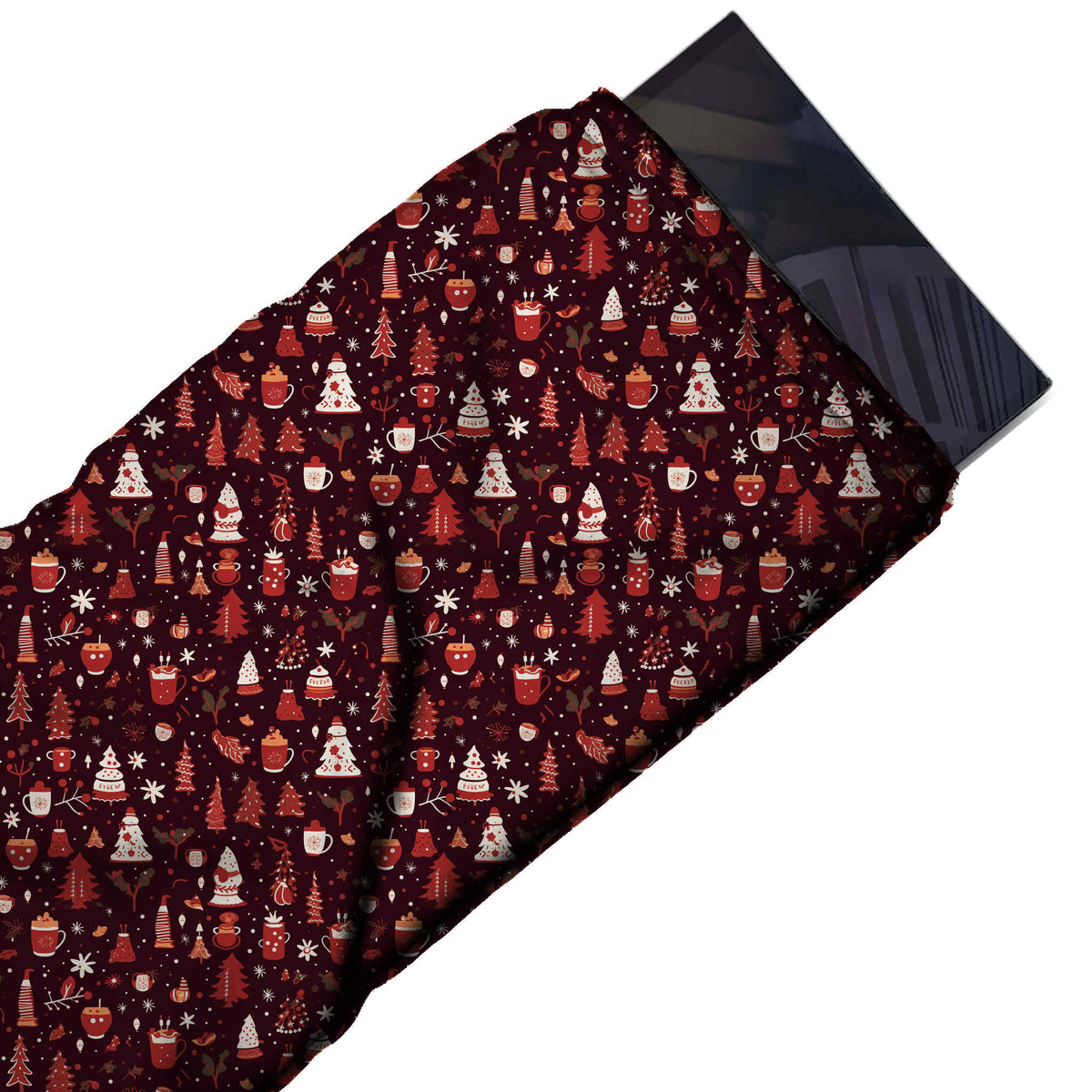Flat fabric swatch: dense ditsy-scale festive print of red topped mugs, red fir trees, design Design No_4623, Clothwala