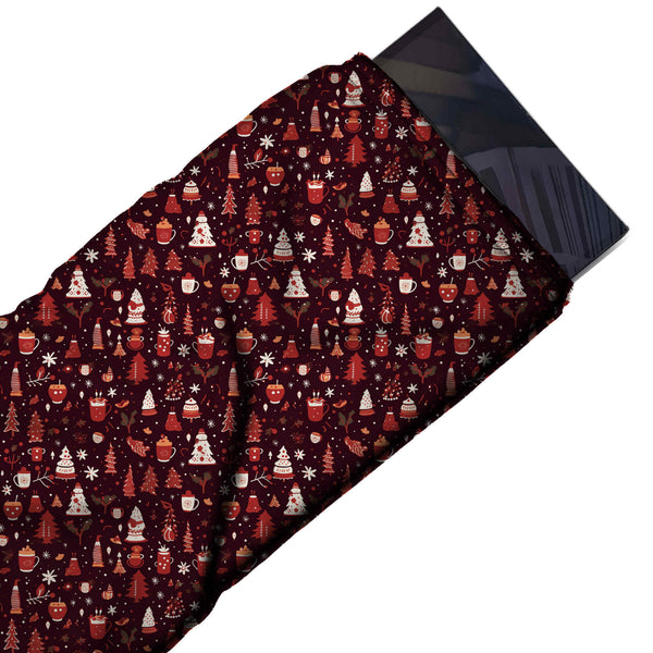 Very Dark Maroon & Red Cocoa Mugs & Trees Printed Pure Natural Crepe Fabric