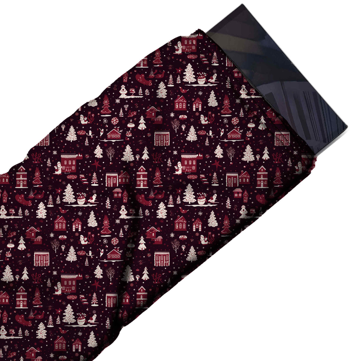 Flat fabric swatch: all-over small-scale winter town print of wine red houses with pale, design Design No_4633, Clothwala