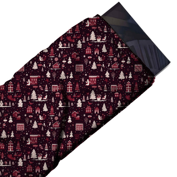 Very Dark Plum & Wine Red Houses & Firs Printed Pure Natural Crepe Fabric