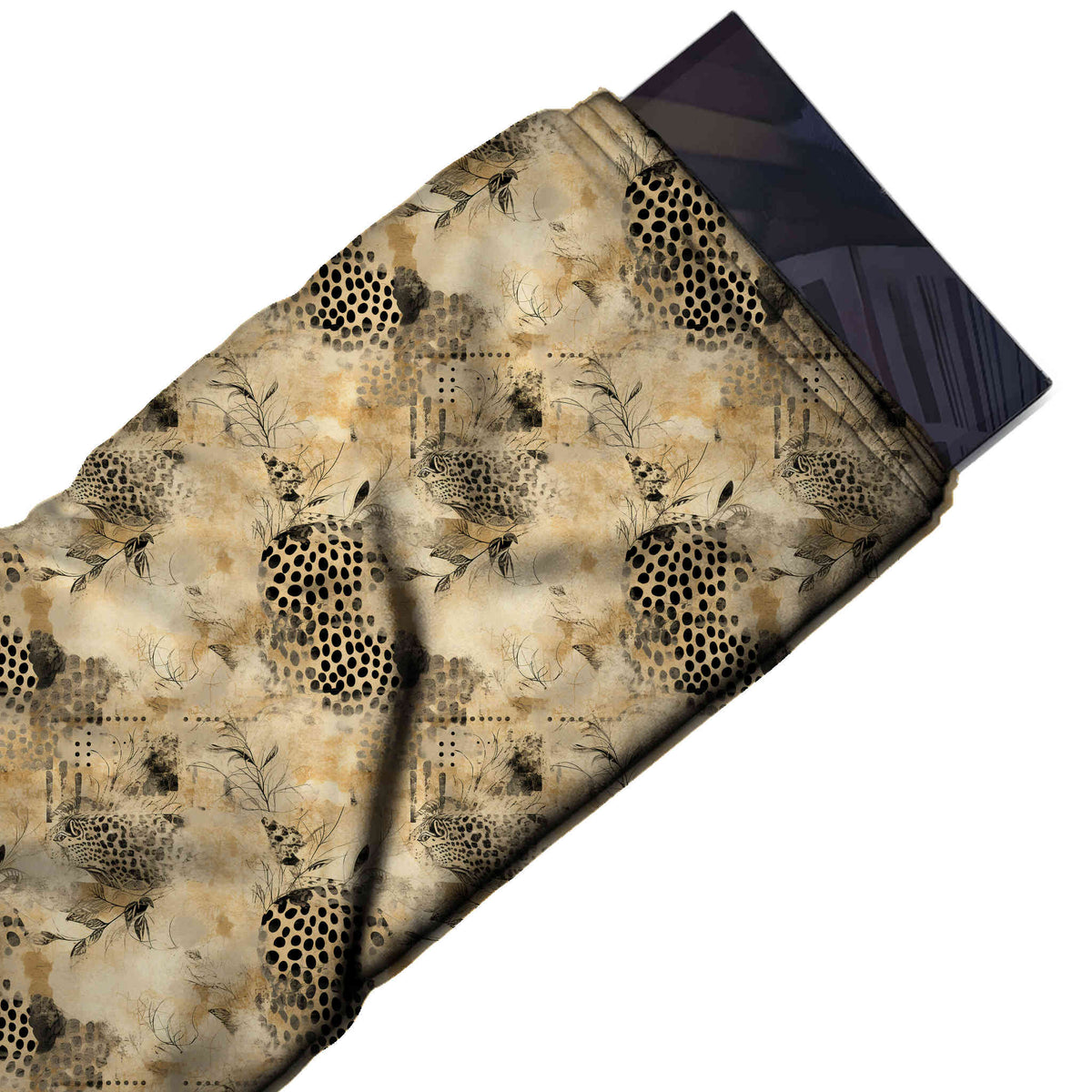 Warm Beige & Black Spotted Blots & Sprigs Printed Moss Crepe Fabric - flat fabric swatch, design Design No_3743, Clothwala