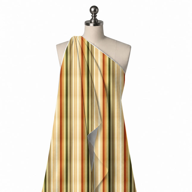 Draped on a mannequin: vertical multi-stripe of mixed narrow and medium widths in warm, design Design No_3926, Clothwala