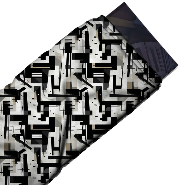 Flat fabric swatch: bold all-over geometric of interlocking hard-edged black bars, design Design No_4064, Clothwala