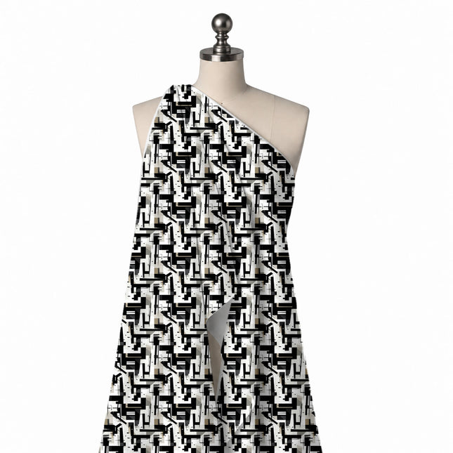 Draped on a mannequin: bold all-over geometric of interlocking hard-edged black bars, design Design No_4064, Clothwala