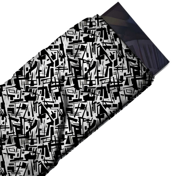 White & Black Angular Shard Collage Printed Spandex Fabric