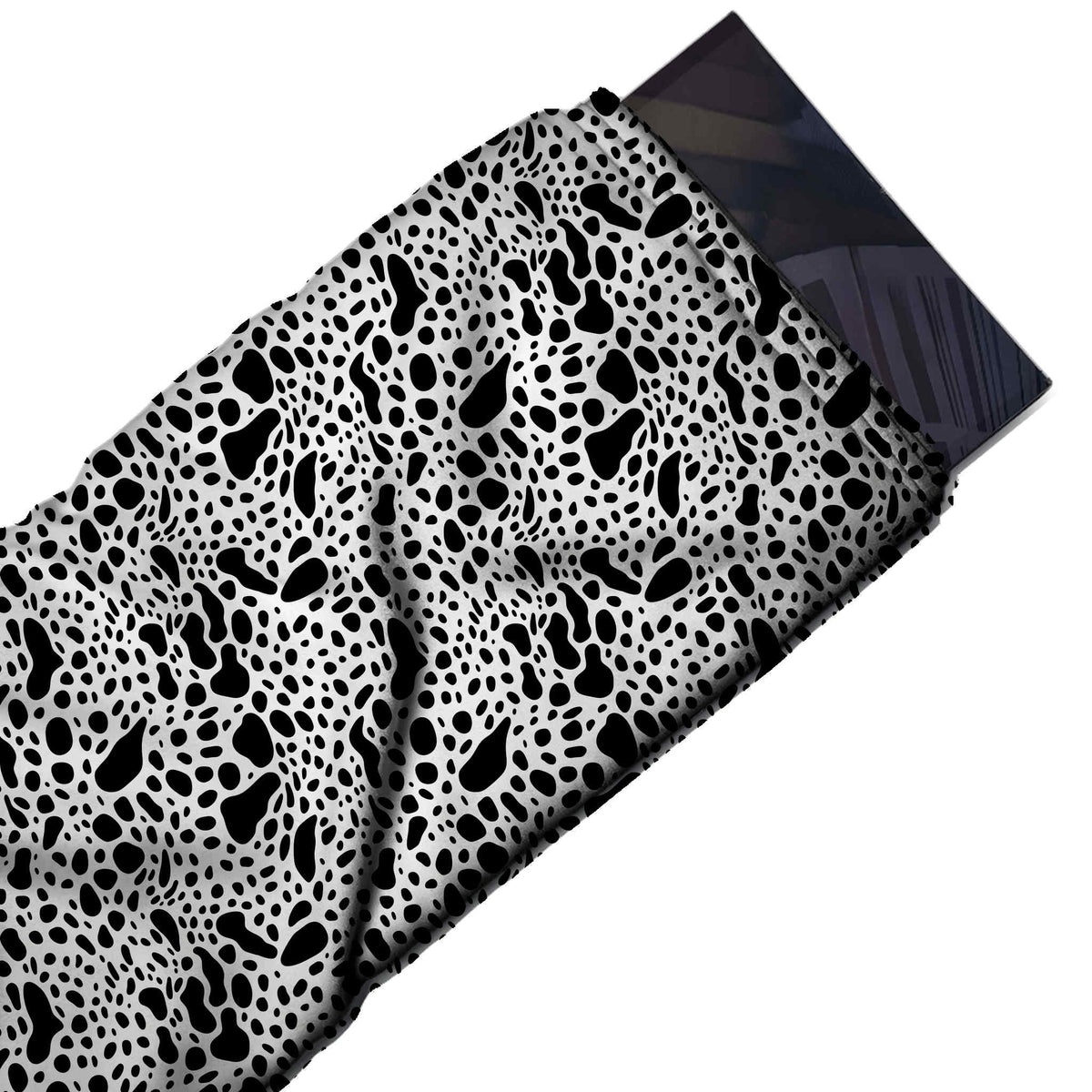 Flat fabric swatch: dense all-over animal-skin style layout of solid black irregular blobs, design Design No_4033, Clothwala