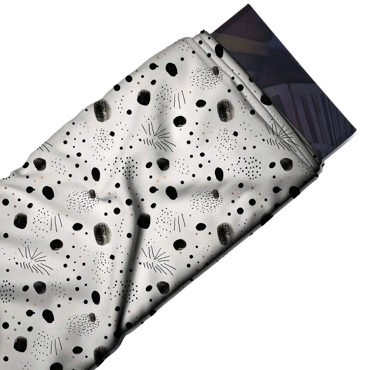 Flat fabric swatch: tossed scatter of hand-painted black blobs with dry-brush texture, design Design No_4036, Clothwala
