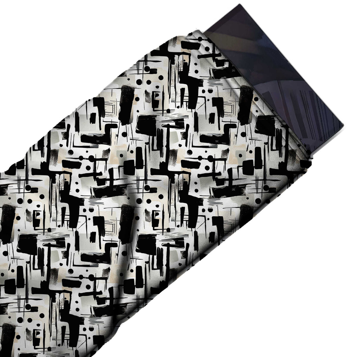 Flat fabric swatch: all-over abstract of blocky black brush marks and bars arranged on a, design Design No_4059, Clothwala