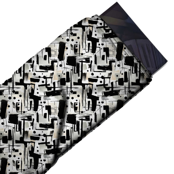 White & Black Brush Blocks & Dots Printed Spandex Fabric