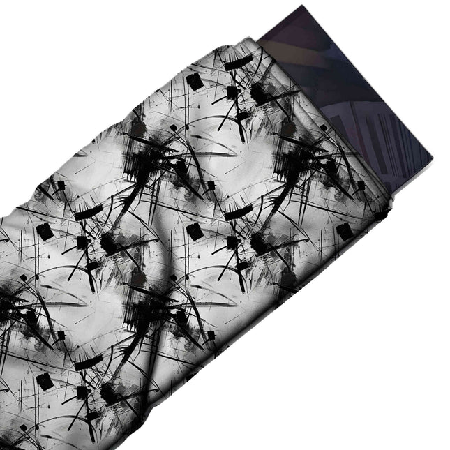 Flat fabric swatch: all-over layout of black dry-brush marks, design Design No_4009, Clothwala