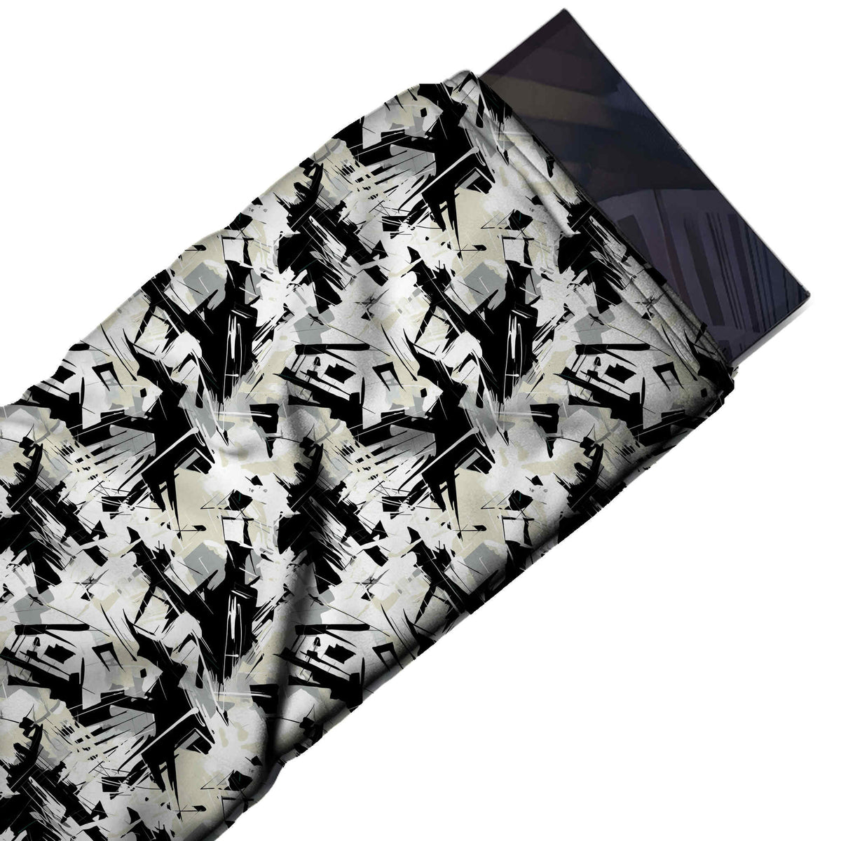 Flat fabric swatch: bold all-over abstract of jagged black brush shards and scratchy, design Design No_4055, Clothwala
