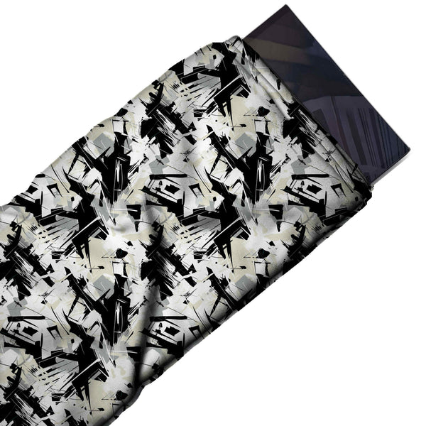 White & Black Brushed Angular Shards Printed Spandex Fabric