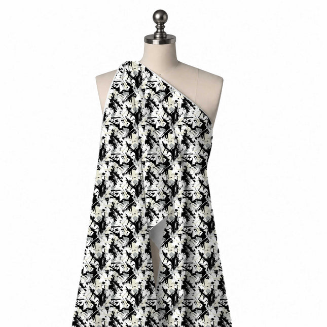 Draped on a mannequin: bold all-over abstract of jagged black brush shards and scratchy, design Design No_4055, Clothwala