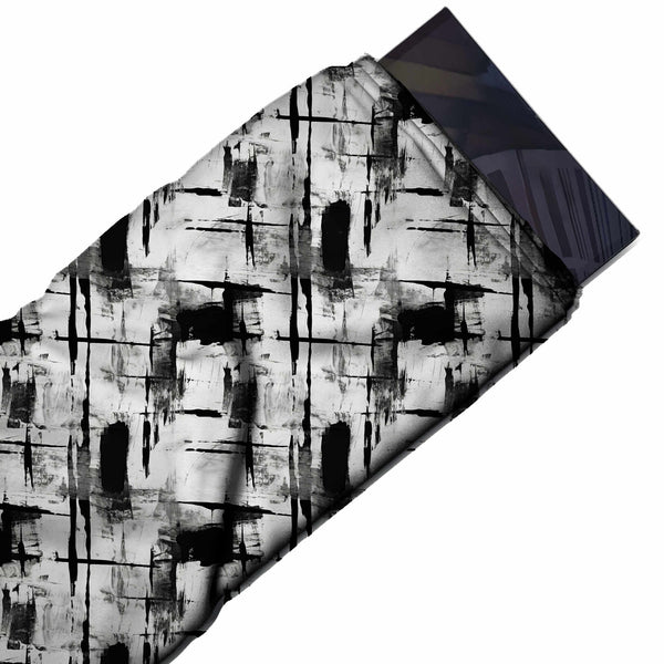 White & Black Brushed Ink Check Printed Spandex Fabric