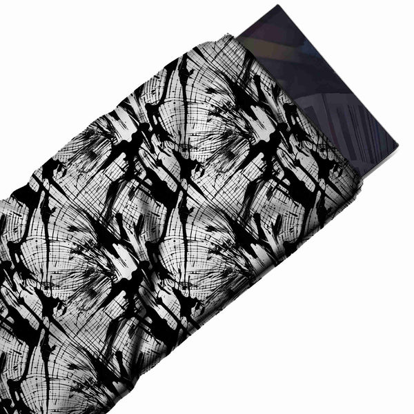 White & Black Brushstroke & Net Hatch Printed Spandex Fabric