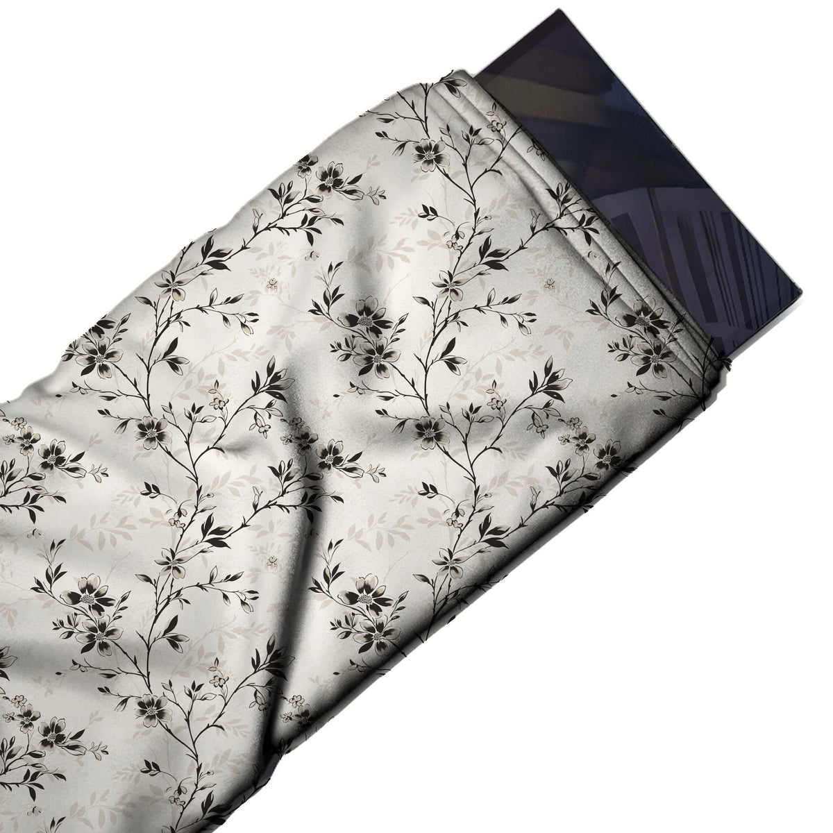 Flat fabric swatch: vertical trailing layout of thin black zigzag vines carrying small, design Design No_4147, Clothwala