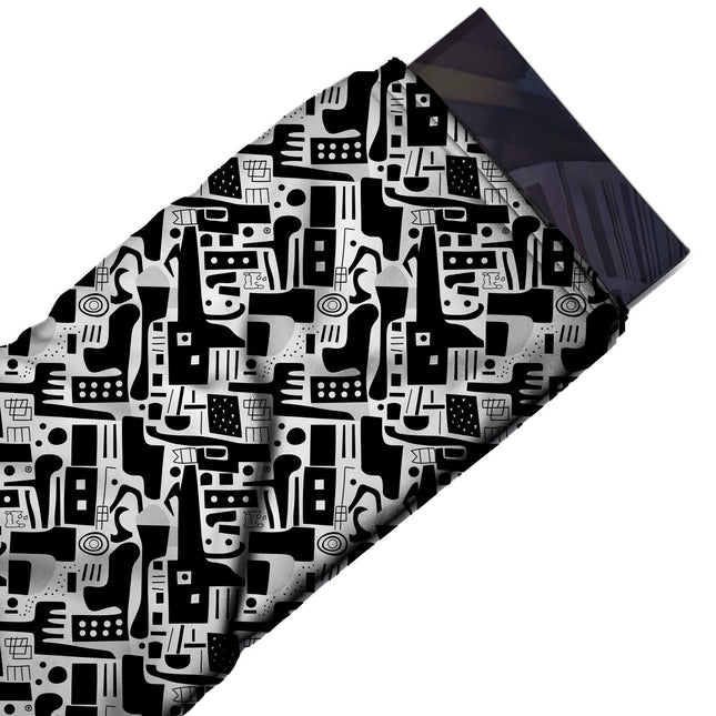 Flat fabric swatch: dense all-over flat graphic of solid black cut-out shapes, design Design No_4073, Clothwala