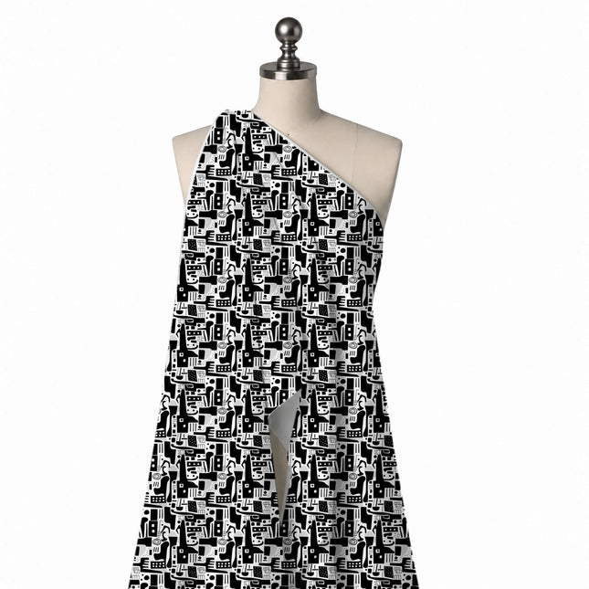 Draped on a mannequin: dense all-over flat graphic of solid black cut-out shapes, design Design No_4073, Clothwala