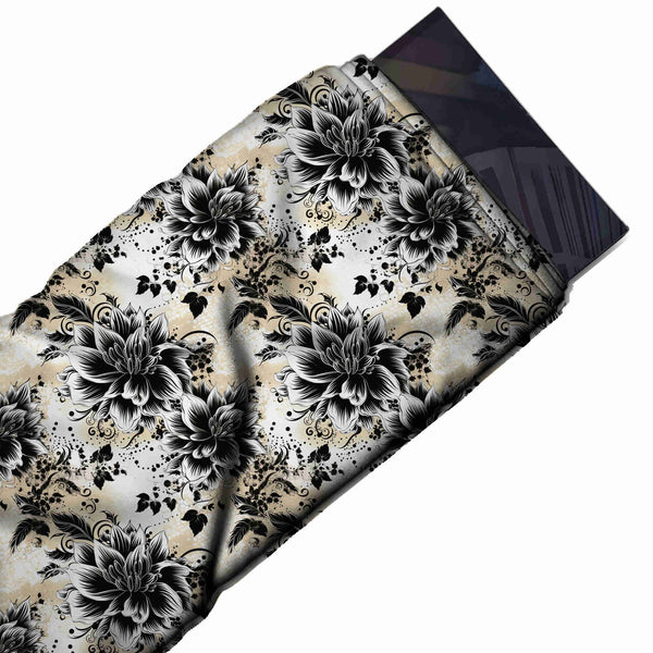 White & Black Dahlia & Ivy Printed Pure Natural Crepe Fabric