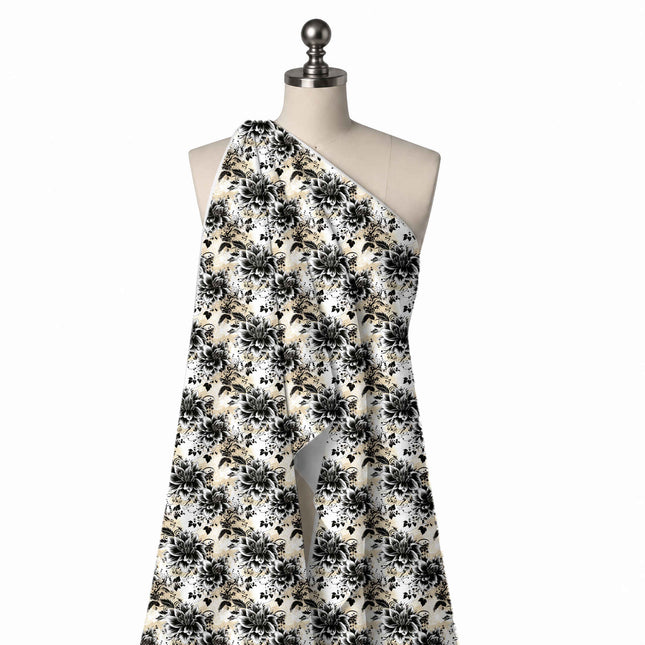 Draped on a mannequin: all-over floral of medium-large black dahlia-style blooms with, design Design No_4387, Clothwala