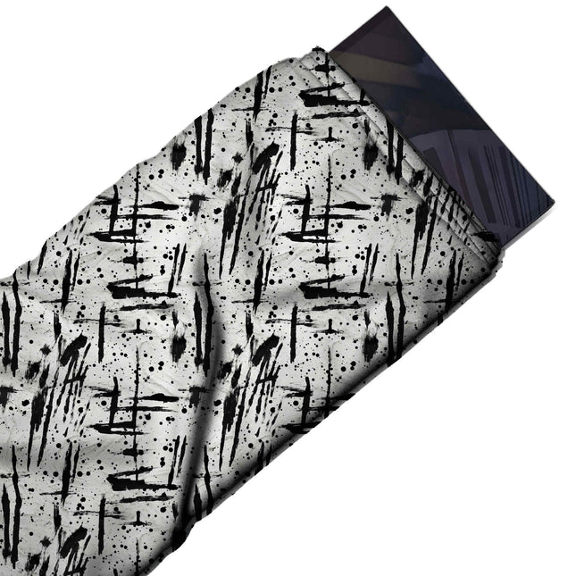 Flat fabric swatch: all-over layout of short black horizontal brush dashes and slanted, design Design No_4010, Clothwala