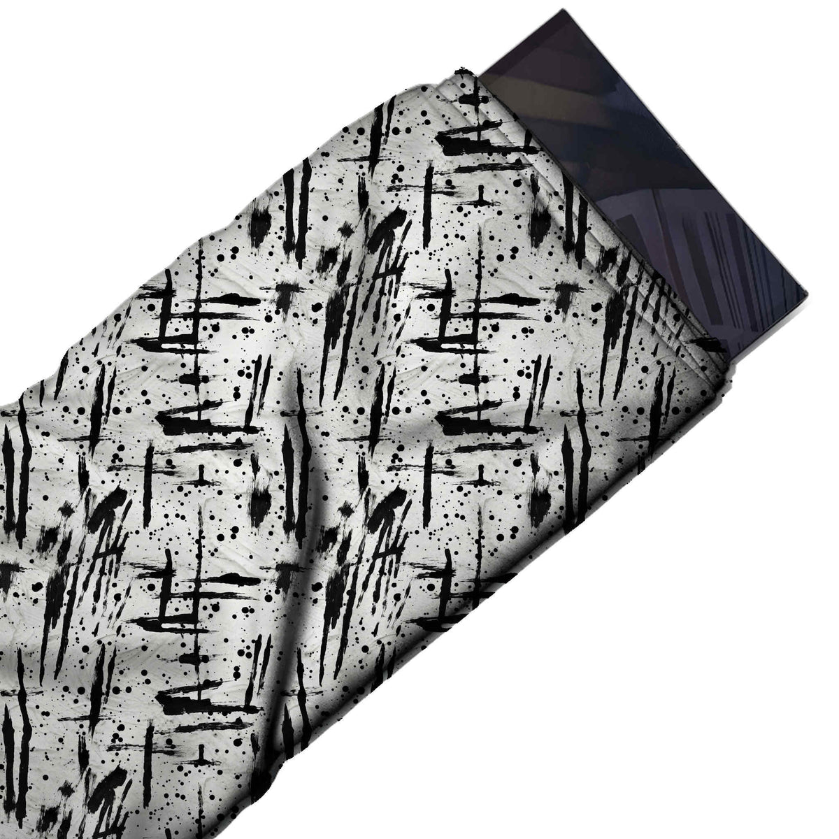 Flat fabric swatch: all-over layout of short black horizontal brush dashes and slanted, design Design No_4010, Clothwala