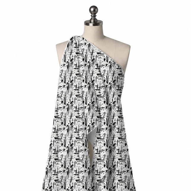 Draped on a mannequin: all-over layout of short black horizontal brush dashes and slanted, design Design No_4010, Clothwala