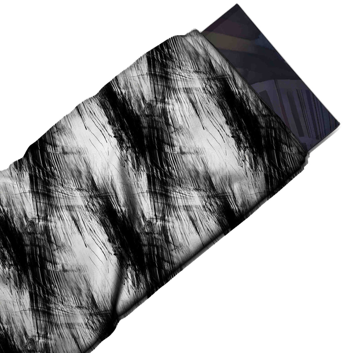 Flat fabric swatch: all-over large-scale black dry-brush sweeps running diagonally in, design Design No_3998, Clothwala