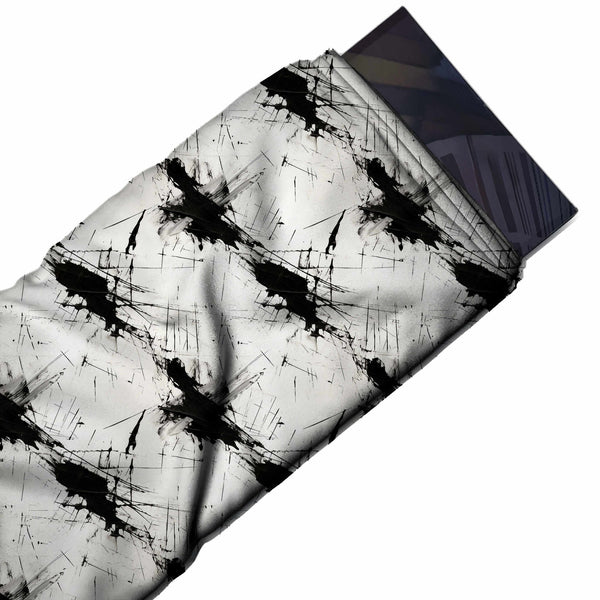 White & Black Diagonal Ink Splatter Printed Spandex Fabric