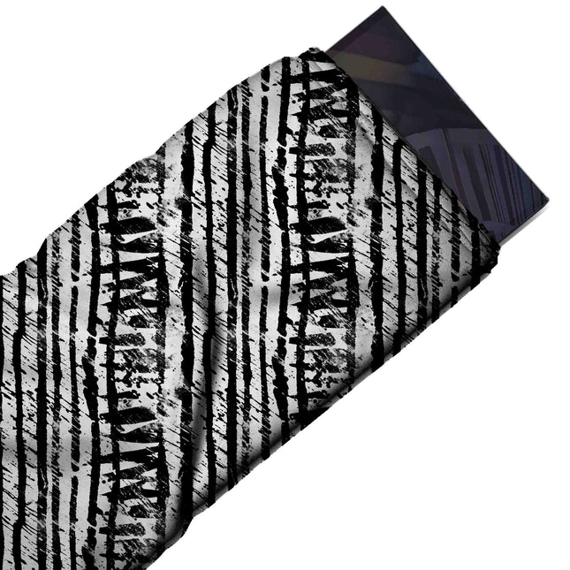 Flat fabric swatch: vertical stripe layout of uneven hand-drawn black lines alternating, design Design No_4005, Clothwala