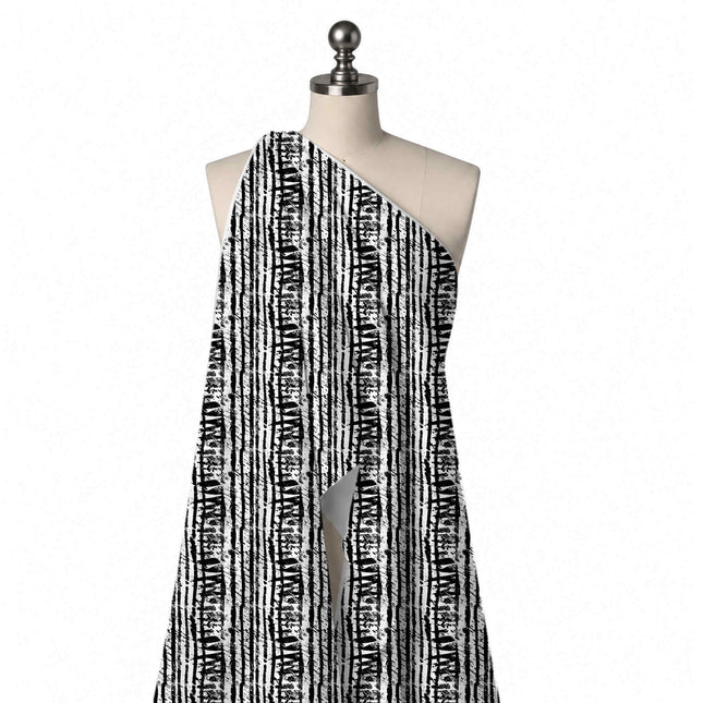 Draped on a mannequin: vertical stripe layout of uneven hand-drawn black lines alternating, design Design No_4005, Clothwala