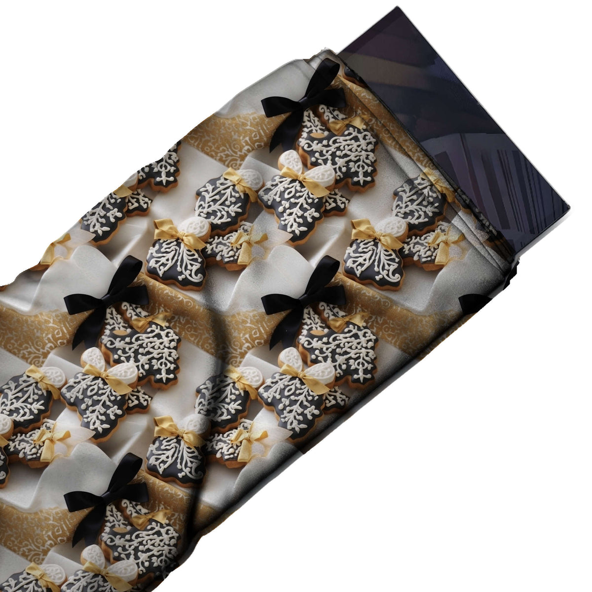 Flat fabric swatch: photographic all-over layout of black iced biscuits piped with white, design Design No_4863, Clothwala