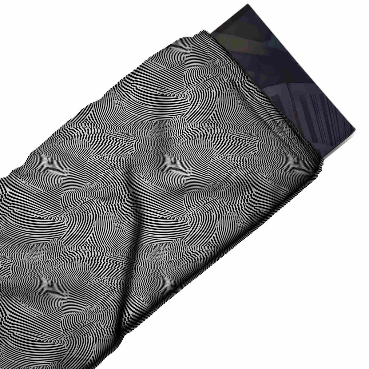 Flat fabric swatch: dense all-over layout of very fine black and white lines curving in, design Design No_4131, Clothwala