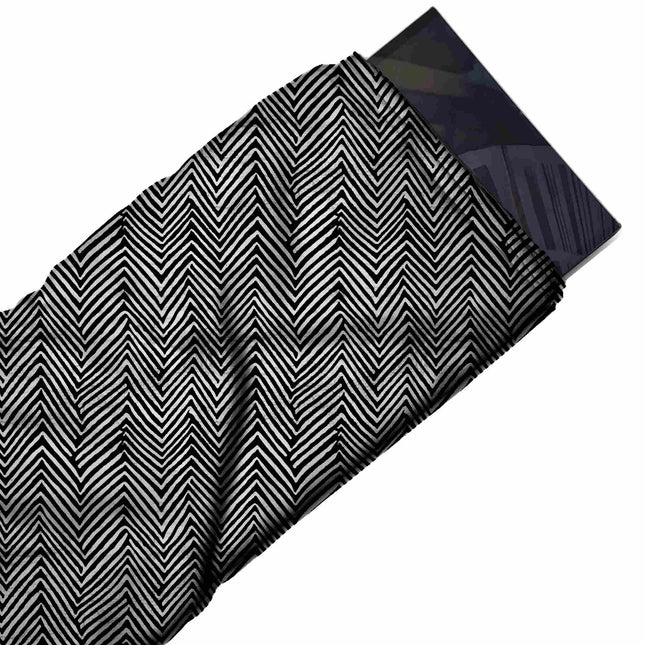 Flat fabric swatch: tight all-over herringbone of thin hand-drawn black chevron lines on, design Design No_4021, Clothwala