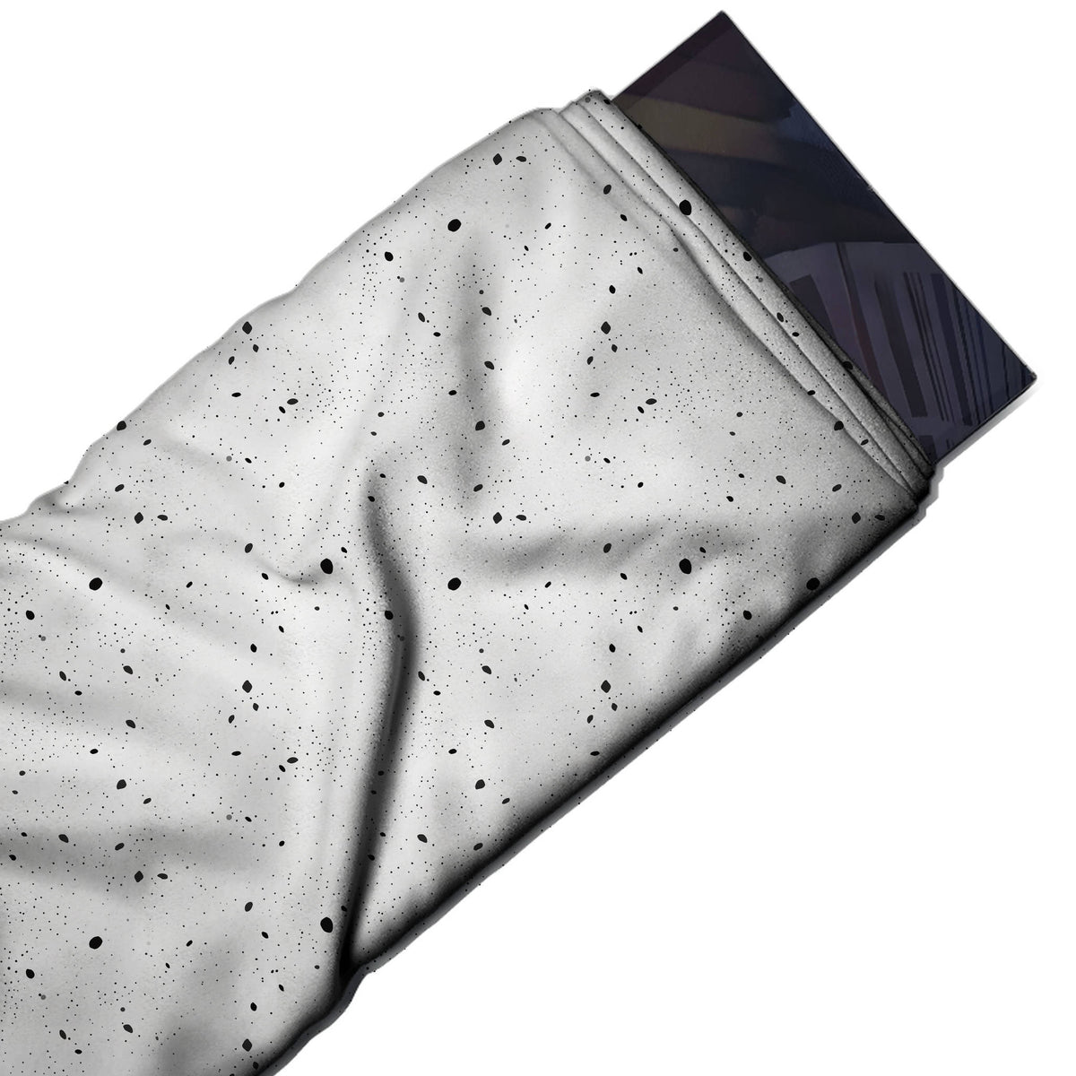 Flat fabric swatch: sparse all-over print of very small black specks and pin dots, design Design No_4043, Clothwala