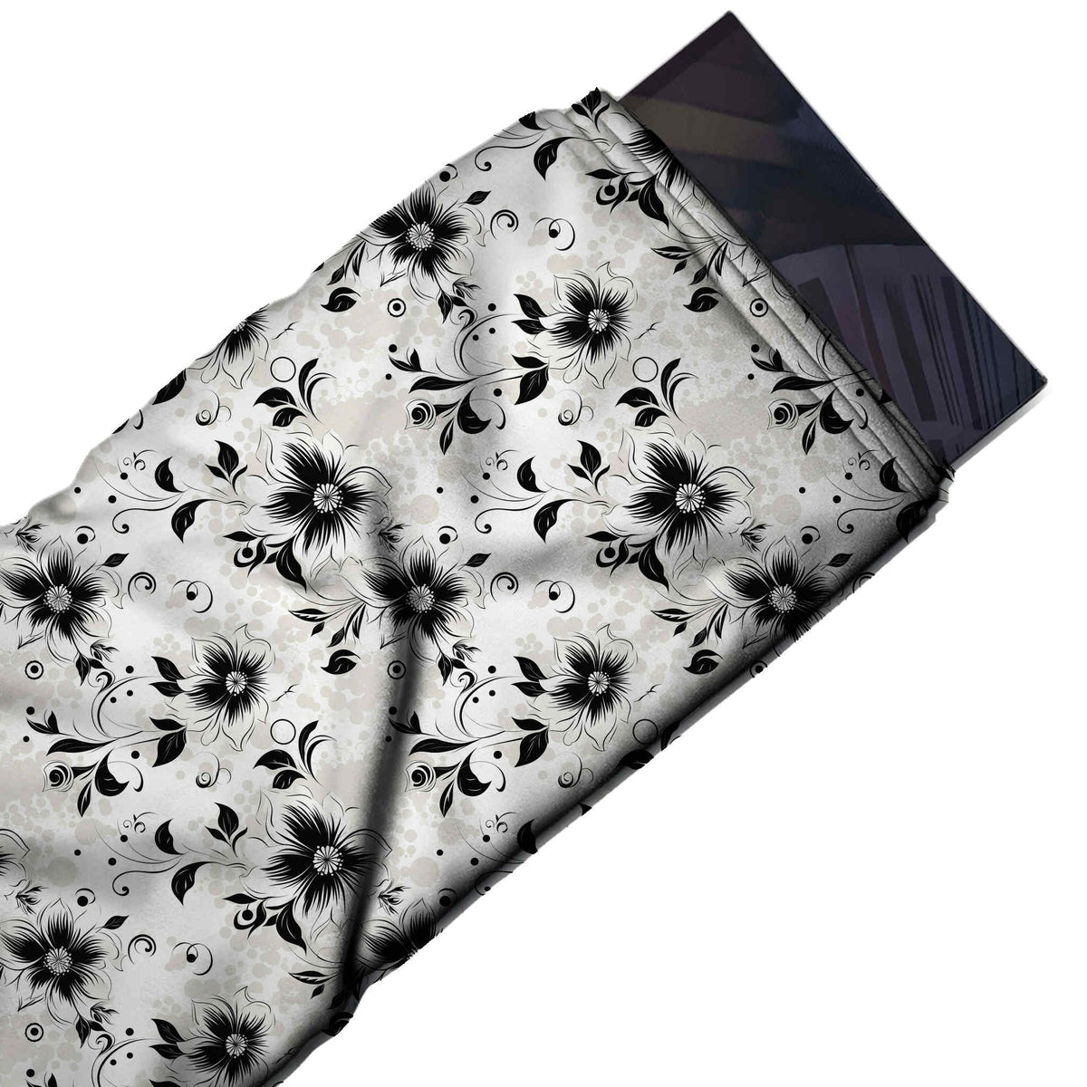 Flat fabric swatch: tossed all-over floral of medium-small black flowers with streaked, design Design No_4368, Clothwala