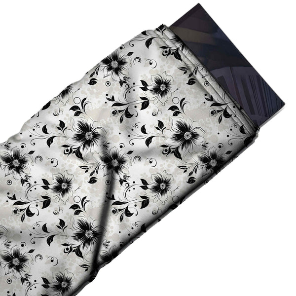 White & Black Flower & Tendrils Printed Pure Natural Crepe Fabric