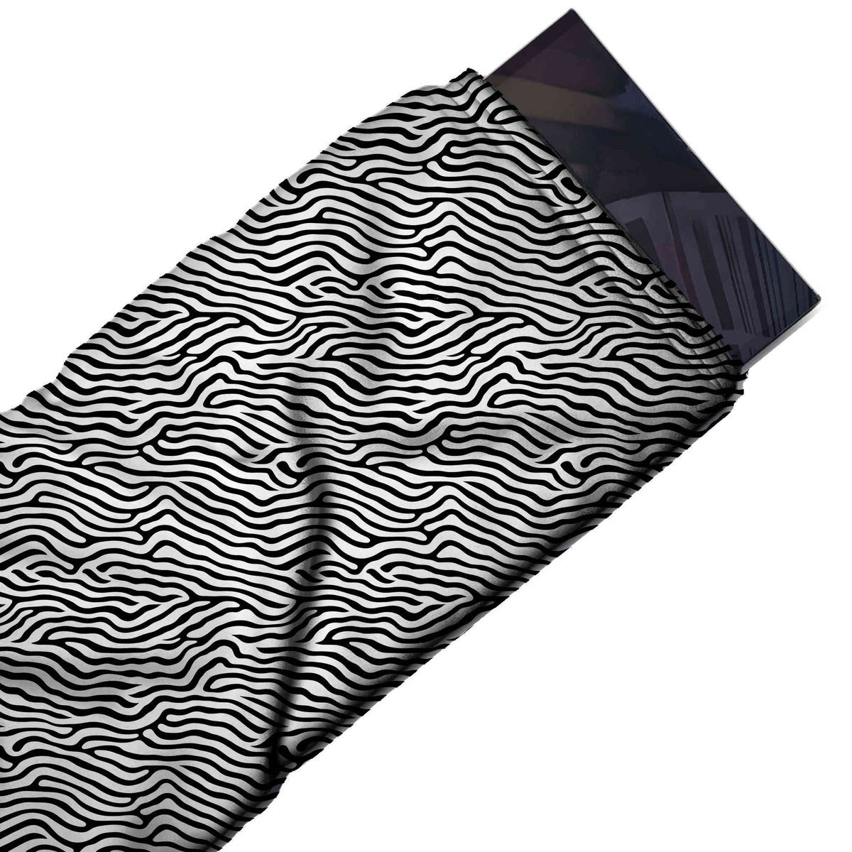 Flat fabric swatch: dense all-over layout of thin black wavy lines that flow horizontally, design Design No_4020, Clothwala