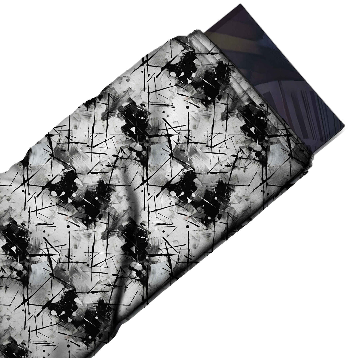Flat fabric swatch: all-over repeat of medium-to-large solid black ink blots with small, design Design No_3992, Clothwala