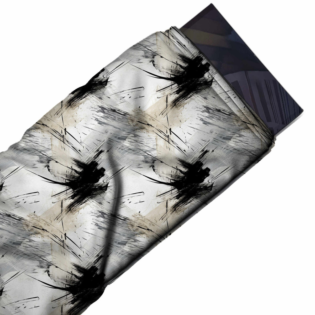 Flat fabric swatch: all-over repeat of large black ink bursts with trailing fine lines, design Design No_3990, Clothwala