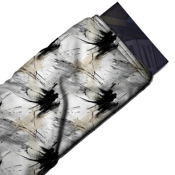 White & Black Ink Burst Brushstrokes Printed Spandex Fabric