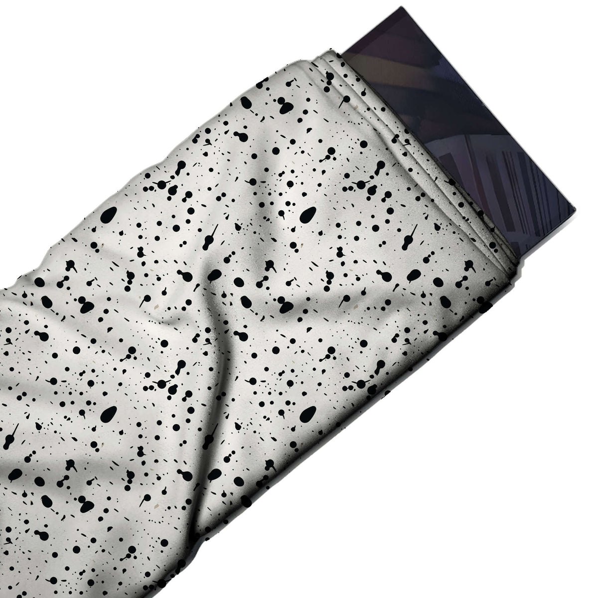 Flat fabric swatch: scattered all-over layout of small black ink drops, design Design No_4030, Clothwala