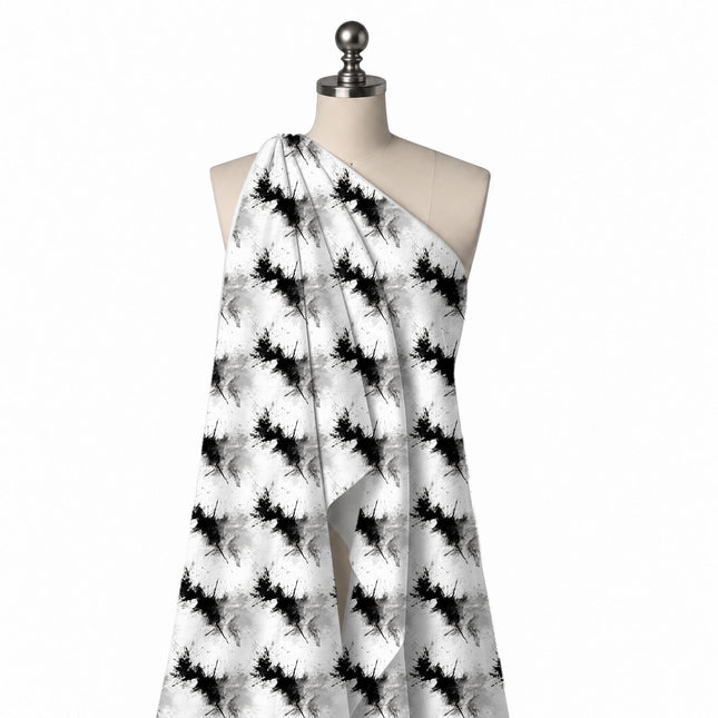 Draped on a mannequin: spaced repeat of large black ink splash bursts with spiky edges and, design Design No_3999, Clothwala