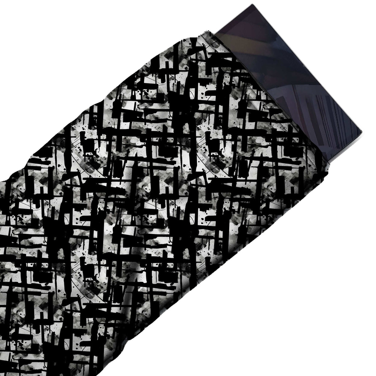 Flat fabric swatch: high-coverage all-over abstract of thick black ink strokes crossing, design Design No_4058, Clothwala