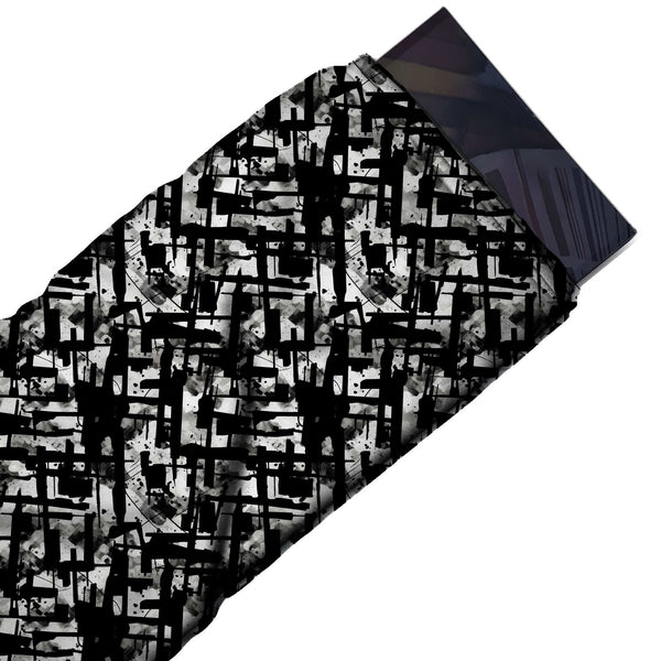 White & Black Inky Crosshatch Blocks Printed Spandex Fabric