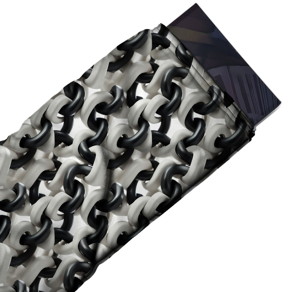 Flat fabric swatch: all-over dense mesh of medium-scale interlocked chain links rendered with shaded, design 3690, Clothwala