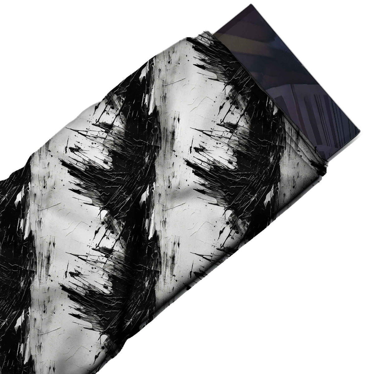 Flat fabric swatch: large-scale print of heavy black brush bursts with jagged, design Design No_4015, Clothwala